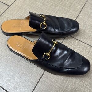 Gucci Black Leather Horsebit Mule Slip-Ons with Gold Hardware